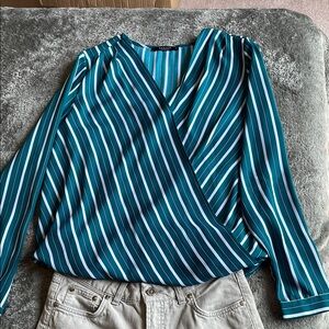 White and Green Wrap Long Sleeve Blouse